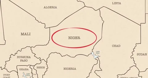 A red circle marking to niger on a vintage political map Video stock 337433035