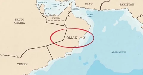 A red circle marking to oman on a vintage political map Video stock 337433039