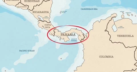 A red circle marking to panama on a vintage political map Video stock 337433045