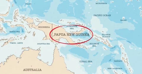 A red circle marking to papua new guinea on a vintage political map Видео 337433049