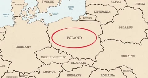 A red circle marking to poland on a vintage political map Video stock 337433052