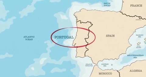 A red circle marking to portugal on a vintage political map Video stock 337433053