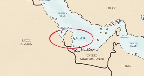 A red circle marking to qatar on a vintage political map Video stock 337433058