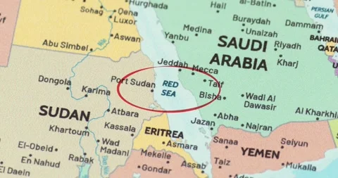 Red circle marking the red sea region on a modern political world map 動画素材 348178857
