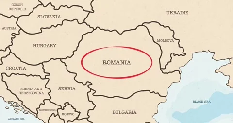 A red circle marking to romania on a vintage political map Video stock 337433059