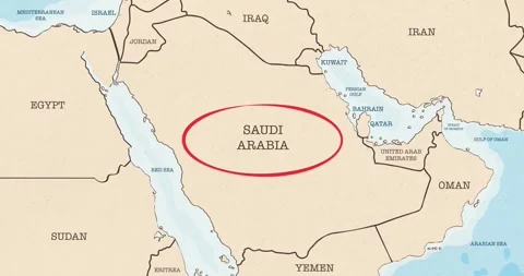A red circle marking to saudi arabia on a vintage political map Video stock 337433061