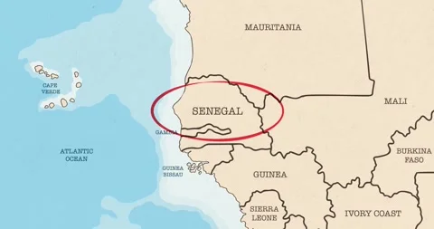 A red circle marking to senegal on a vintage political map Video stock 337433064