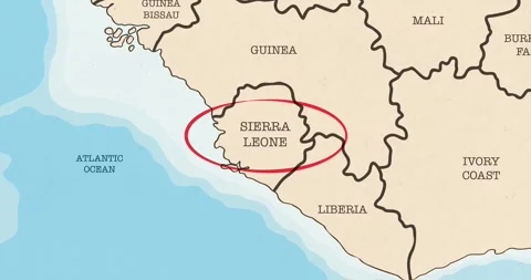 A red circle marking to sierra leone on a vintage political map 스톡 동영상 337433067