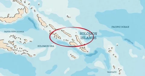 A red circle marking to solomon islands on a vintage political map Vídeos de archivo 337433072