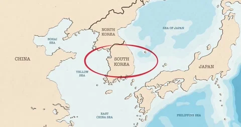 A red circle marking to south korea on a vintage political map Video stock 337433078