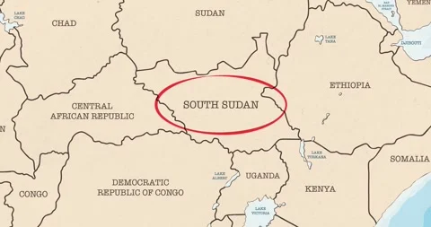 A red circle marking to south sudan on a vintage political map Video stock 337433081