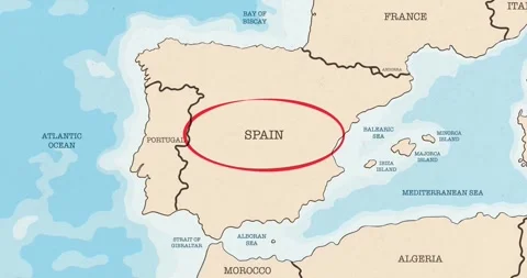 A red circle marking to spain on a vintage political map 스톡 동영상 337433080