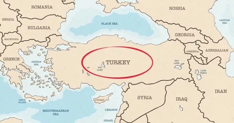 A red circle marking to turkey on a vintage political map Video stock 337433221