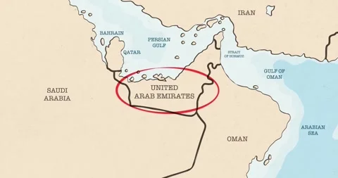 A red circle marking to united arab emirates on a vintage political map Video stock 337433223