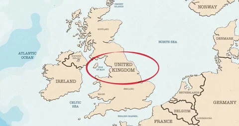 A red circle marking to united kingdom on a vintage political map Video stock 337433246