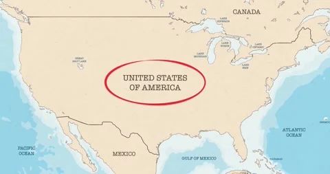 A red circle marking to the united states of america on a vintage political map Video stock 337433259