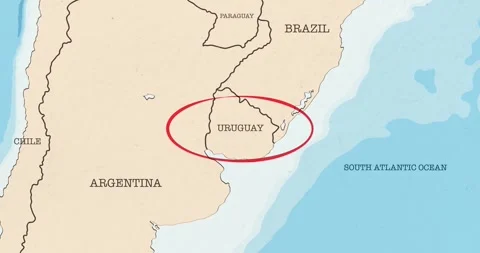 A red circle marking to uruguay on a vintage political map Stock Footage 337433255