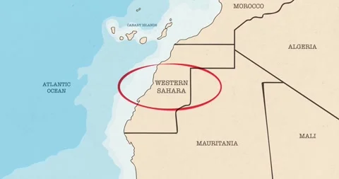A red circle marking to the western sahara on a vintage political map Video stock 337433266
