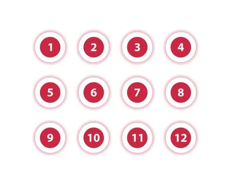 Red Circle Number Bullets in flat design style 1 to 12 Stock Illustration