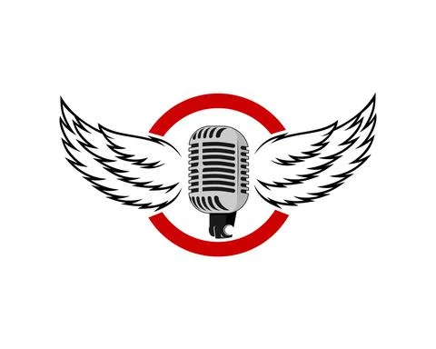 Red circle shape with spread wings and music microphone inside Stock Illustration