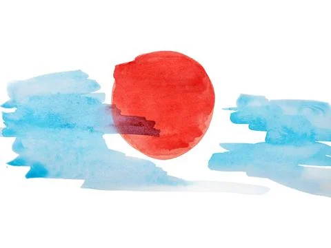 Red circle sun in blue clouds painted with watercolors on paper isolated on w Stock Illustration