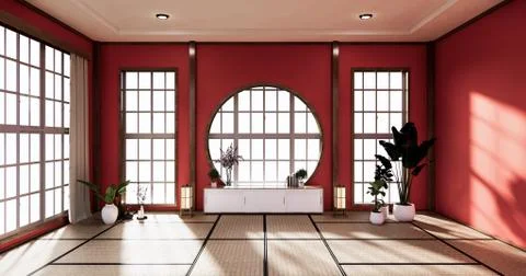 Red Circle wall design and cabinet on empty  Living room japanese deisgn with Stock Illustration