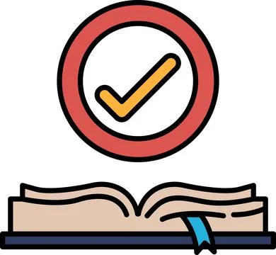 A red circle with a yellow check mark is on top of an open book Stock Illustration
