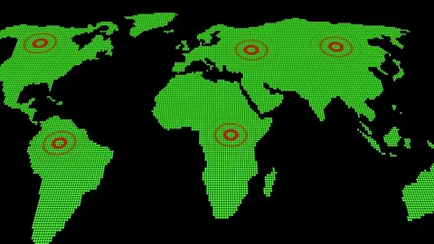 Red circles on dotted world map over black background showcasing important .. Stock Footage 321624955