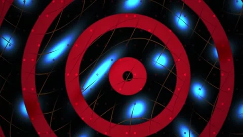 Red Circles in Fast Motion with Glowing Blue Lights on Dark Grid Background Stock Footage 343760178