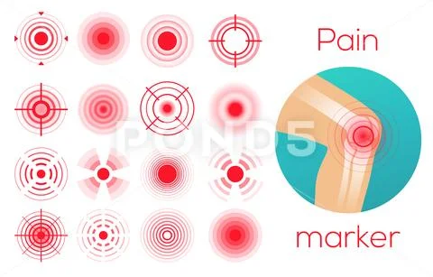 Red circles, pain place symbol, sore localization marks, aching place Stock Illustration