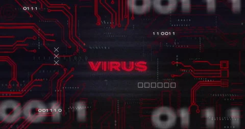 Red circuit board and binary code with VIRUS text animation Stock Footage 308994731