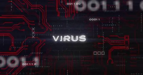 Red circuit board and binary code with VIRUS text image Stock Photos