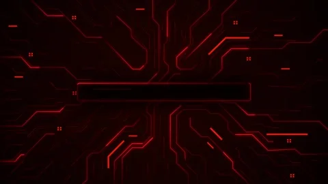 Red circuit board glowing neon lines, dark electronic pattern, central label bar Stock Footage 340456557