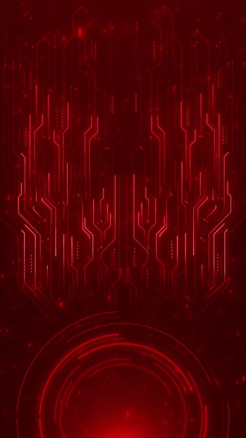 Red circuit HUD technology glowing electronic lines, scanner rings, and dark fut Stock Footage 340566593
