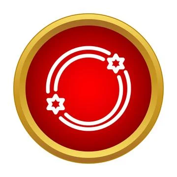 Red circular button with orbiting stars icon Illustrazione stock