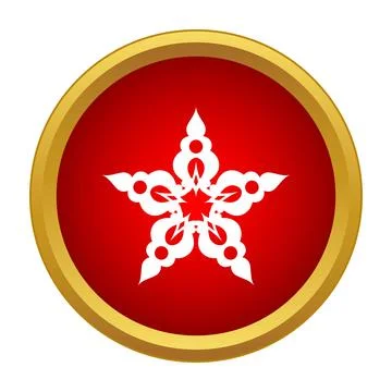 Red circular button with white floral snowflake design Illustrazione stock
