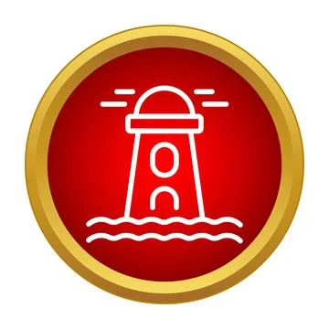 Red circular icon with white shining lighthouse Stock Illustration
