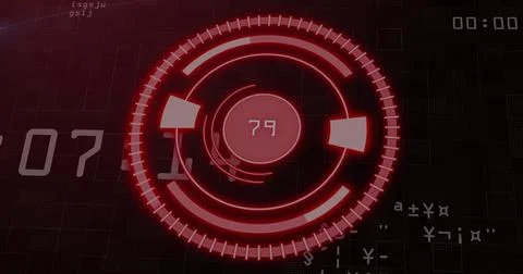 Red circular progress bar image with numbers and data processing in background Illustrazione stock