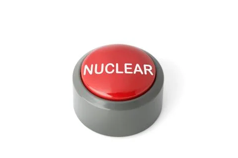 Red Circular Push Button Labeled 'Nuclear' on White Background Stock Photos