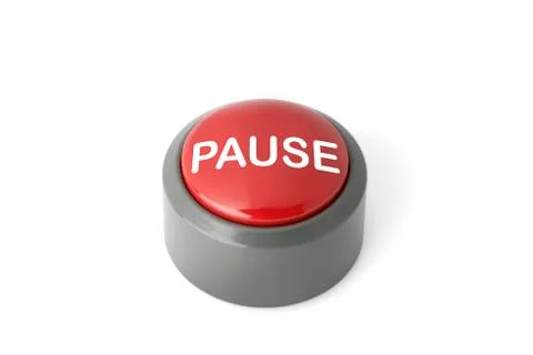 Red Circular Push Button Labeled 'Pause' on White Background Foto stock