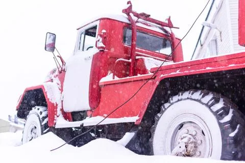 Red classic Firefight truck in the snow Stock Photos