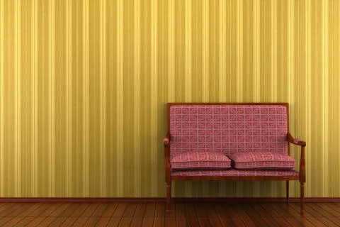 Red classic sofa in front of yellow striped wall Stock Illustration