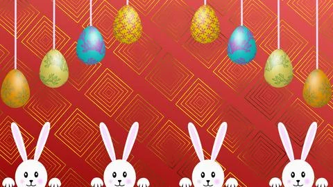 Red classical background, Swinging eggs and half rabbit face image 스톡 일러스트