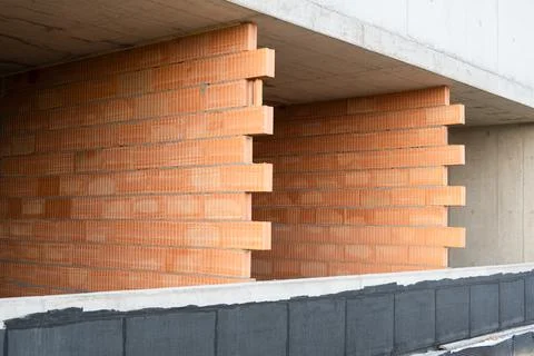 Red clay Ceramic Thermo Bricks construction material. Construction site wit.. 写真素材