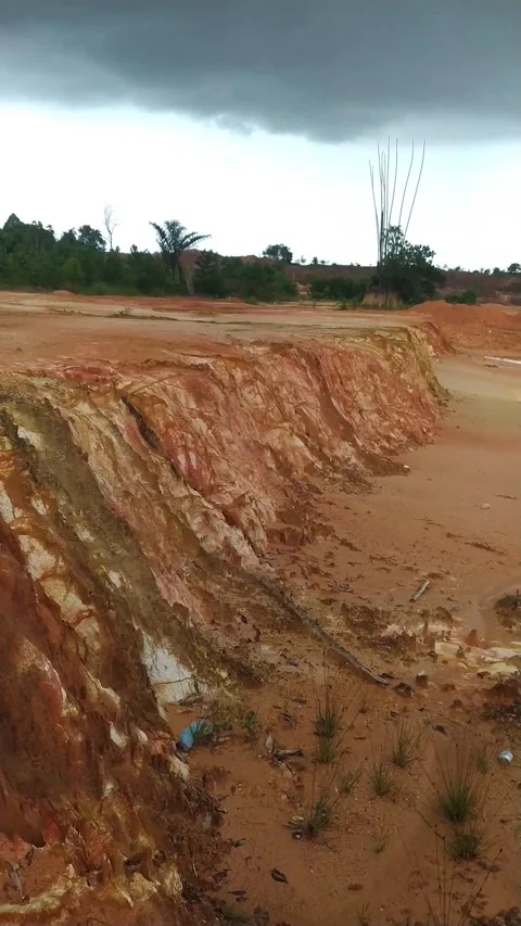 Red Clay Cliff and Landscape - Cloudy Sky Vertical B-Roll Stock Footage 336654060