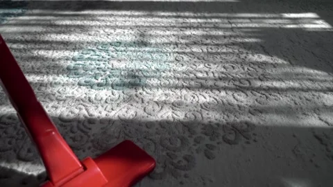 A red cleaning tool is laying on a white carpet Stock Footage 331358881