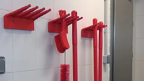 Red Cleaning Tools Are Put on a Wall Rack in a White Tiled Room Stock Footage 320138484