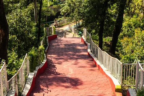 Red Climbing Steps Cutting Through Green Mountain Foto stock