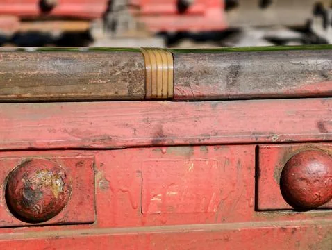 Red clip fixes rail pad at joint, providing electrical isolation for safe s.. Stock Photos