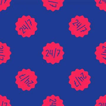 Red Clock 24 hours icon isolated seamless pattern on blue background. All day Stock Illustration